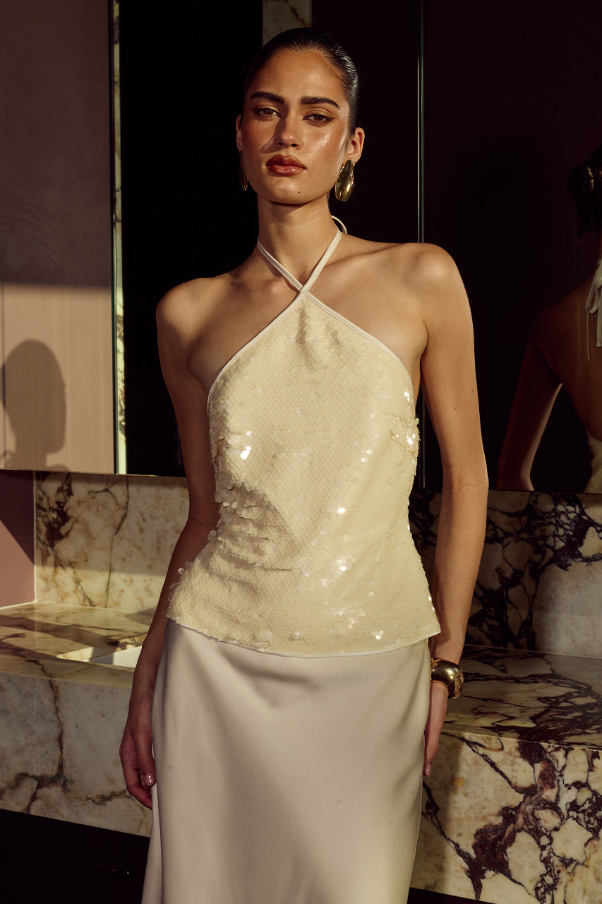 Conjunto Frances Pérola com Top de Paetês e Saia Longa Torren