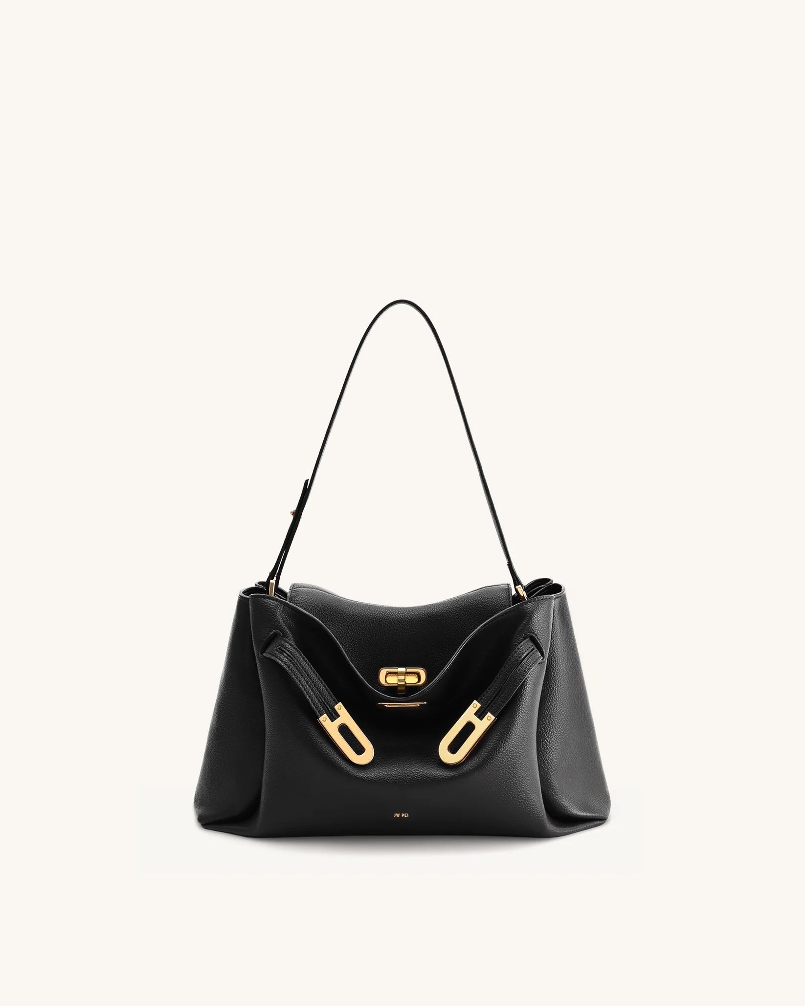 Bolsa de Ombro Rhea Pebbled com Fivela Dupla – Preta
