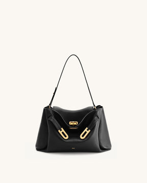 Bolsa de Ombro Rhea Pebbled com Fivela Dupla – Preta