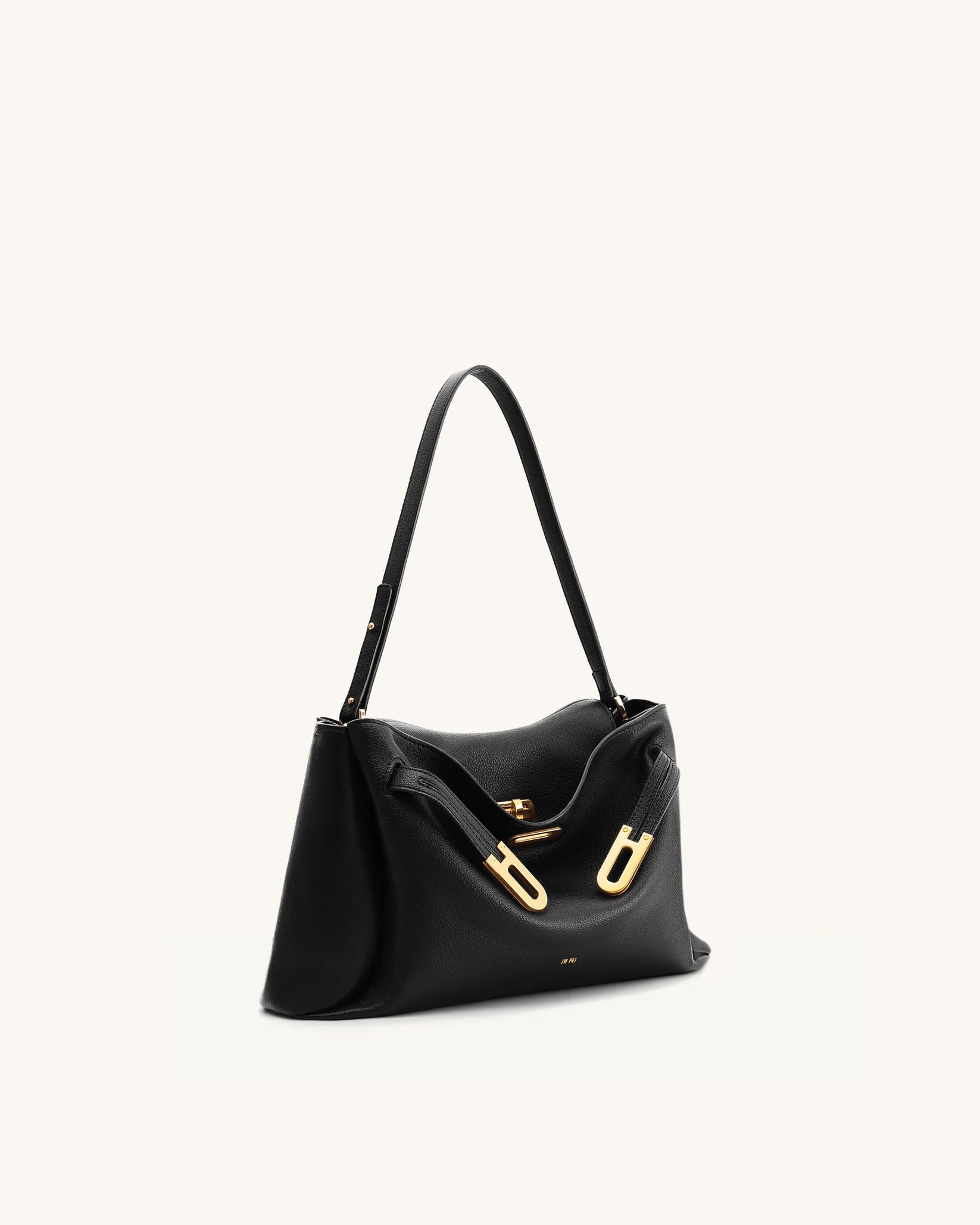 Bolsa de Ombro Rhea Pebbled com Fivela Dupla – Preta