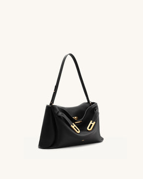 Bolsa de Ombro Rhea Pebbled com Fivela Dupla – Preta