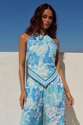 Conjunto Jade Azul Estampado com Blusa e Calça Reta