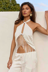 Conjunto Rommi Branco com Blusa de Franjas e Calça